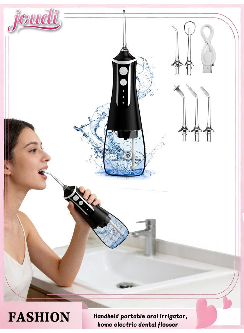 Joudi Portable water flosser, 3 modes, 5 replaceable nozzles, rechargeable and waterproof, suitable for both home and travel use - 380ml removable water tank (HF-6) Black - Image 1